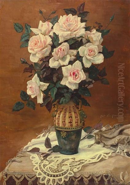 Prachtvoller Rosenstraus In Jugendstilvase Oil Painting by Louis Van Hoorde