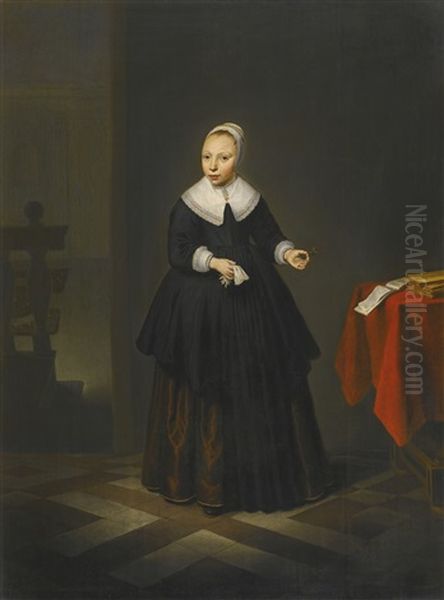 Portrait Of A Girl, Full-length In Black, Holding Flowers In An Interior Oil Painting by Isaack Jacobsz. van Hooren