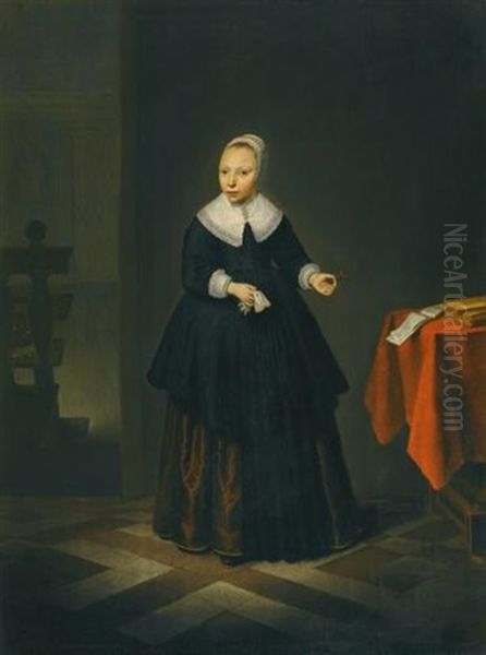 Portrait Of A Girl, Full-length, Standing In An Interior Oil Painting by Isaack Jacobsz. van Hooren