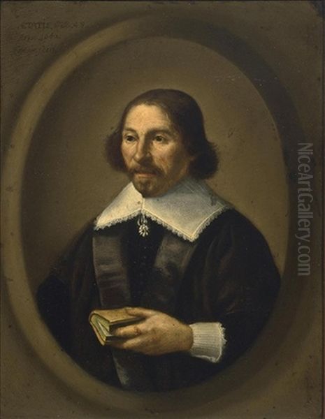 A Portrait Of A Gentleman, Aged 48, Half Length, Wearing A Black Coat With White Lace Cuffs And Collar, Holding A Book, In A Painted Oval Oil Painting by Isaack Jacobsz. van Hooren