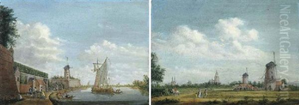 A River Landscape With Elegant Townsfolk Promenading By A City Wall Oil Painting by Jordanus Hoorn