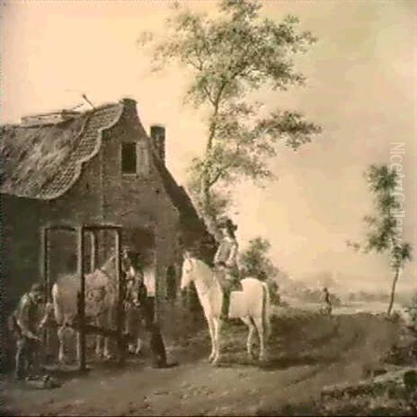 A Cavalier Outside A Smithy Oil Painting by Jordanus Hoorn