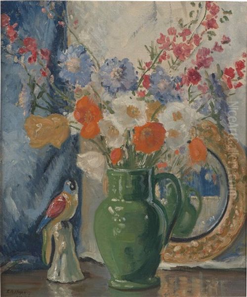 Flower Still Life With A Green Mug And Porcelain Parrot Oil Painting by Edith A. Hope