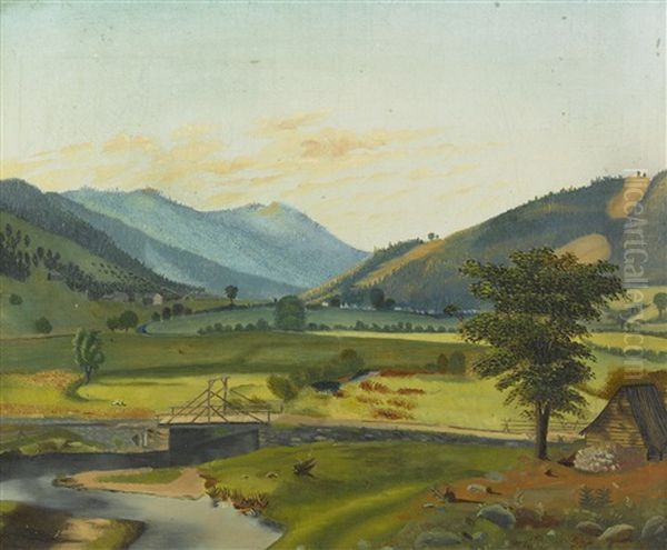 Landscape With Blue Hills In The Distance And A Small Bridge And Shed In The Foreground Oil Painting by James Hope