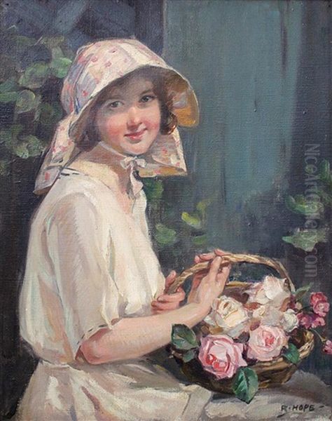 Untitled (portrait Of A Young Lady With A Basket Of Roses) Oil Painting by Robert Hope