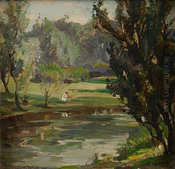 The Pond, Botantic Gardens Edinburgh (+ A Woodland Glade, Newbattle Grounds; 2 Works) Oil Painting by Robert Hope