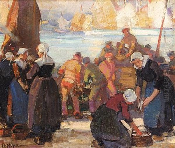 A Breton Fish Market Oil Painting by Robert Hope