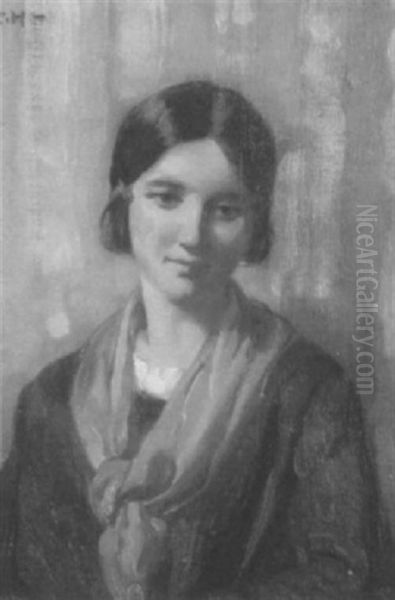 A Portrait Of A Woman With Red Scarf Oil Painting by Robert Hope