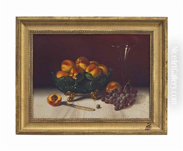 Peaches In Green Glass Bowl, Grapes And Knife Oil Painting by Thomas H. Hope