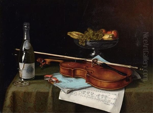 Still Life With Violin, Fruit And Champagne Oil Painting by Thomas H. Hope