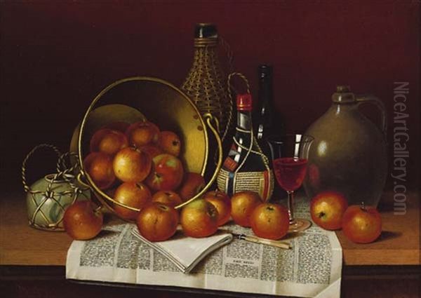 Still Life With Bottles, Apples And Newspaper Oil Painting by Thomas H. Hope