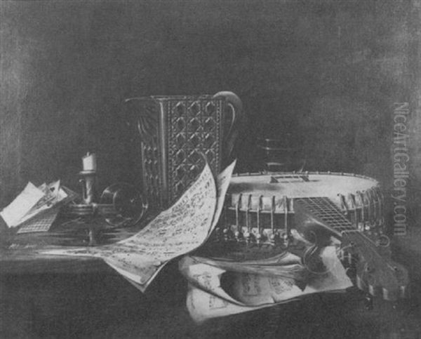 Still Life Of Books, Playing Cards, Sheet Music, And A Banjo Oil Painting by Thomas H. Hope