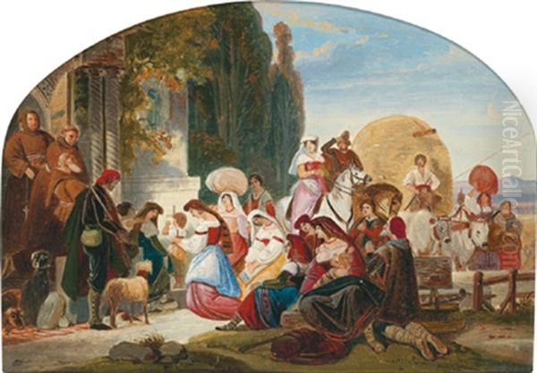 Bauern Aus Der Romischen Campagna Vor Einem Madonnenbild An Einem Klosterportal Betend Oil Painting by August Hopfgarten