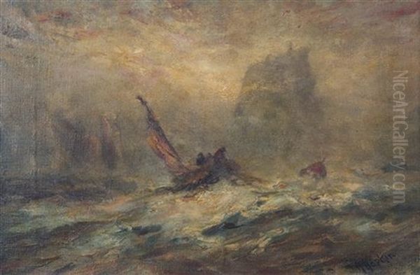 Ship Bearing Down On Fisherman In Storm Oil Painting by Robert B. Hopkin