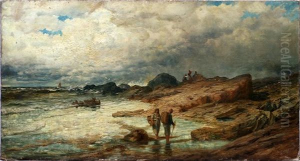 Clam Diggers Rocky Ocean Coast Oil Painting by Robert B. Hopkin