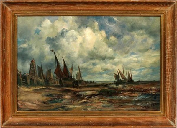 Ships At Low Tide Oil Painting by Robert B. Hopkin