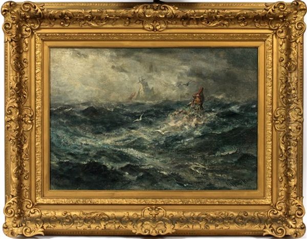 Rough Seas With Rocks, Buoy & Gul Oil Painting by Robert B. Hopkin