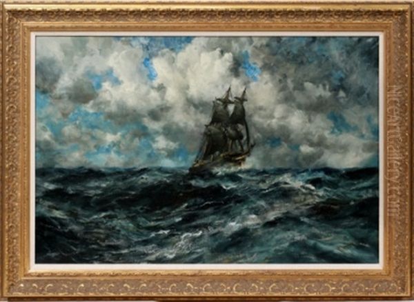 Ship In Rough Seas Oil Painting by Robert B. Hopkin