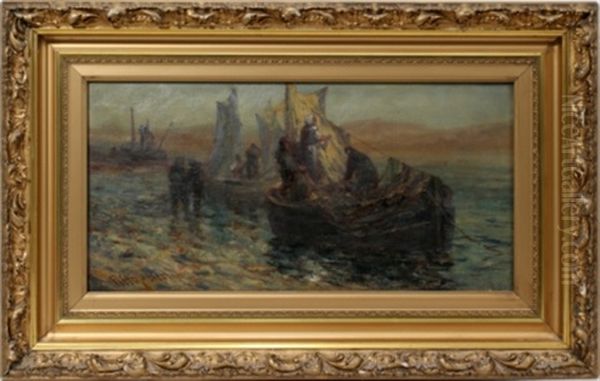 Fisherman In Boats Oil Painting by Robert B. Hopkin