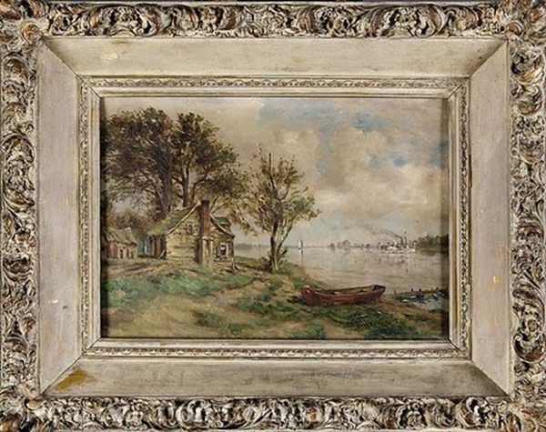 Mississippi River View With Paddlewheeler (louisiana?) Oil Painting by Robert B. Hopkin