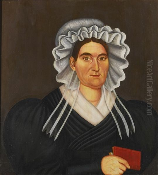 Portrait Of A Woman Wearing A White Bonnet And Holding A Red Book Oil Painting by Milton W. Hopkins