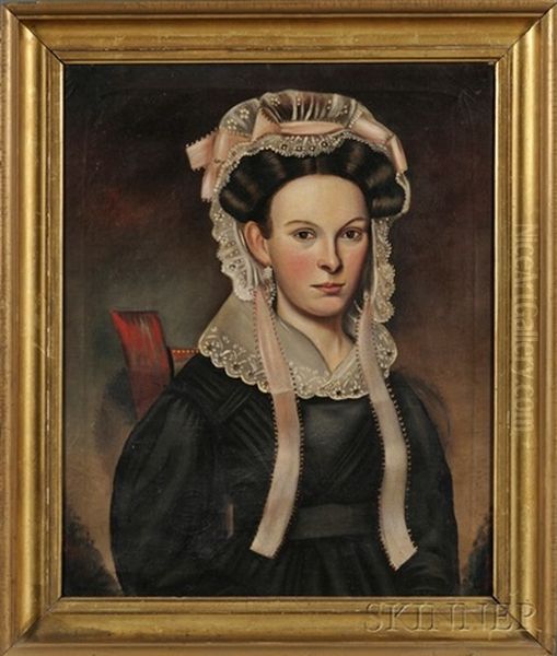 Portrait Of A Young Woman Wearing A Fancy Pink-ribboned Lace Bonnet Oil Painting by Milton W. Hopkins