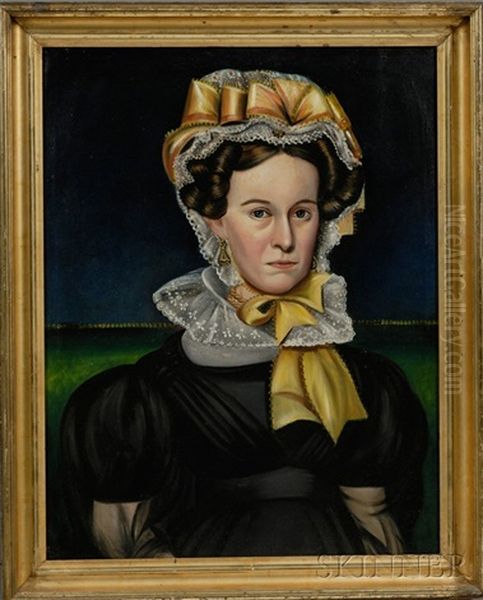 Portrait Of A Woman Wearing A Fancy Yellow-ribboned Lace Bonnet Oil Painting by Milton W. Hopkins