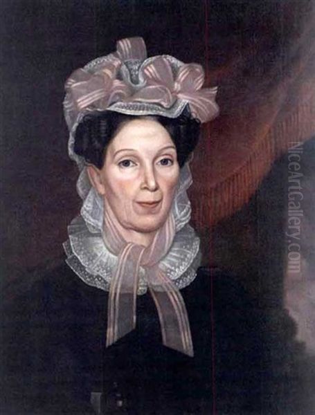 Portrait Of Woman In Pink Ribboned Lace Bonnet Beside Red Fringed Drapery And Column Oil Painting by Milton W. Hopkins