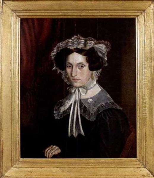 Portrait Of Woman With Lacy Bonnet And Book Seated Beside Red Fringed Drapery Oil Painting by Milton W. Hopkins