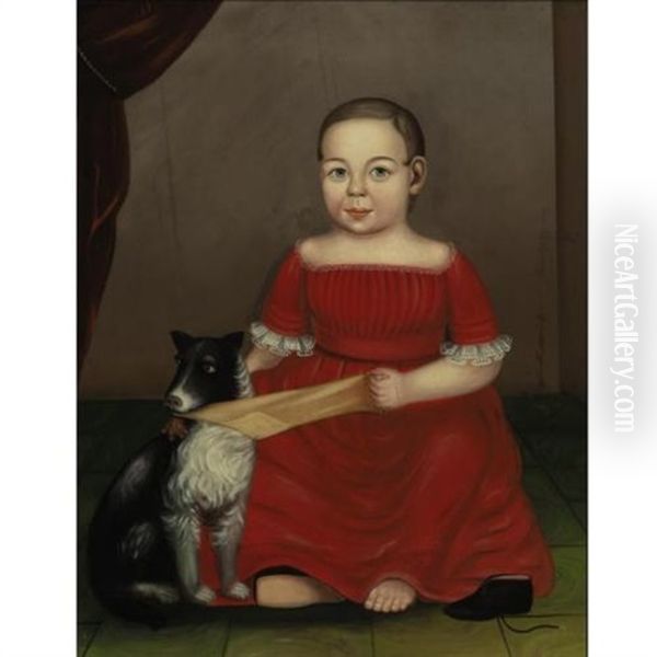 Portrait Of A Child In Red; Dog Pulling A Yellow Stocking Oil Painting by Milton W. Hopkins