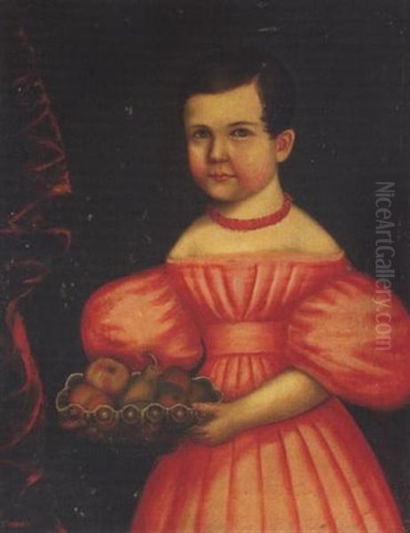 Little Girl In A Salmon Pink Dress With Coral Necklace Holding A Glass Bowl Of Fruit Oil Painting by Milton W. Hopkins