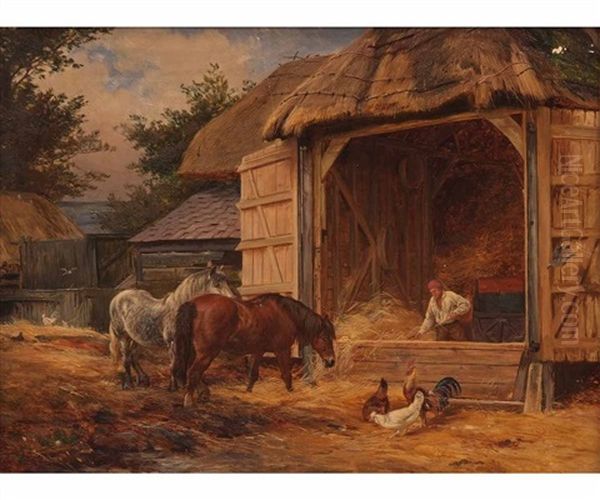 Farmyard Scene With Horses Oil Painting by William H. Hopkins