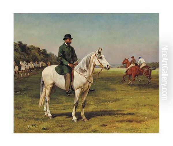 The Limekilns, Newmarket: Captain J.o. Machell On A White Horse With The Jockeys E. Martin And F. Archer Exercising Their Horses Oil Painting by William H. Hopkins