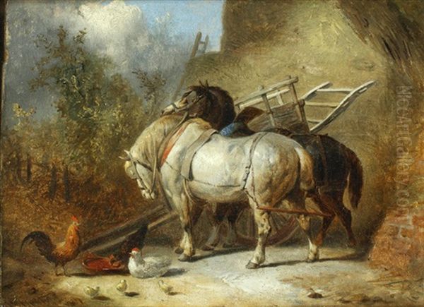 Ponies With Chickens Before A Cart And Hayrick Oil Painting by William H. Hopkins