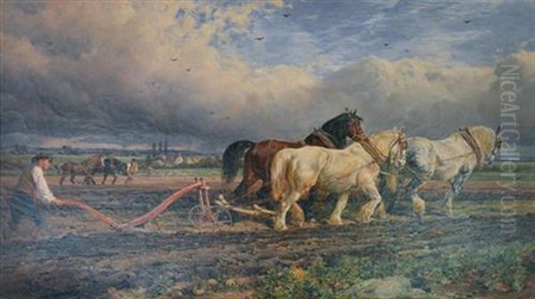 Ploughing The Land Oil Painting by William H. Hopkins