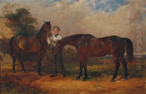 Two Horses And Their Groom Oil Painting by William H. Hopkins