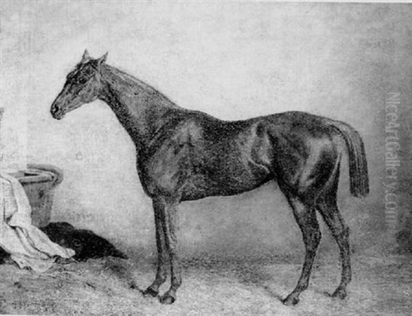 A Bay Hunter In A Stable Oil Painting by William H. Hopkins