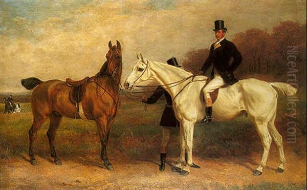 The Earl Of Hardwick With Two Hunters And A Groom Oil Painting by William H. Hopkins