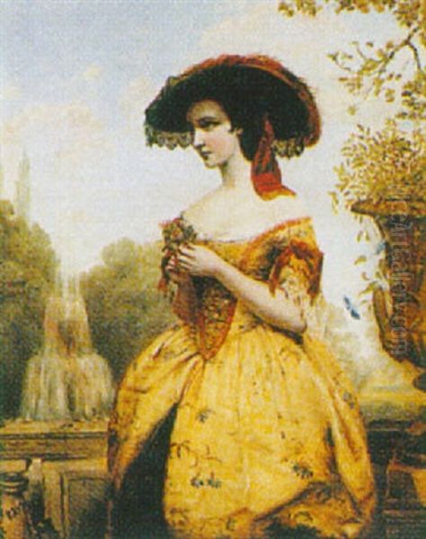 Portrait Of A Lady Wearing A Yellow Lace Dress Holding A Flower Oil Painting by Edward William John Hopley