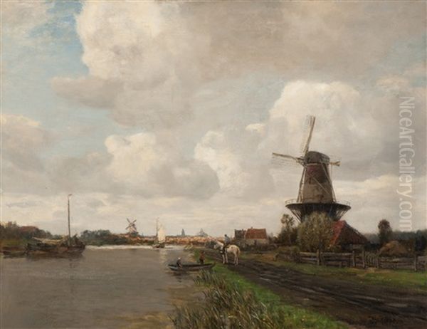 View Of A Canal With A City On The Horizon Oil Painting by Ferdinand Bernhard Hoppe