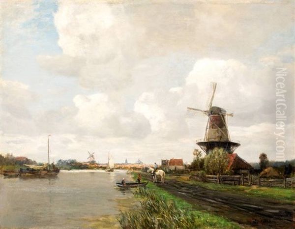 Jaagpad Langs Poldervaart, Een Hollandse Stad Aan De Horizon Oil Painting by Ferdinand Bernhard Hoppe