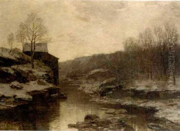 Hollandische Wassermuhle - A Watermill In Winter Oil Painting by Ferdinand Bernhard Hoppe