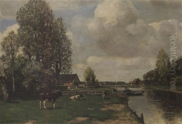 Landscape With Cows Oil Painting by Ferdinand Bernhard Hoppe