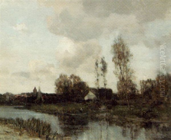 Landscape With A River And A Town In The Background Oil Painting by Ferdinand Bernhard Hoppe