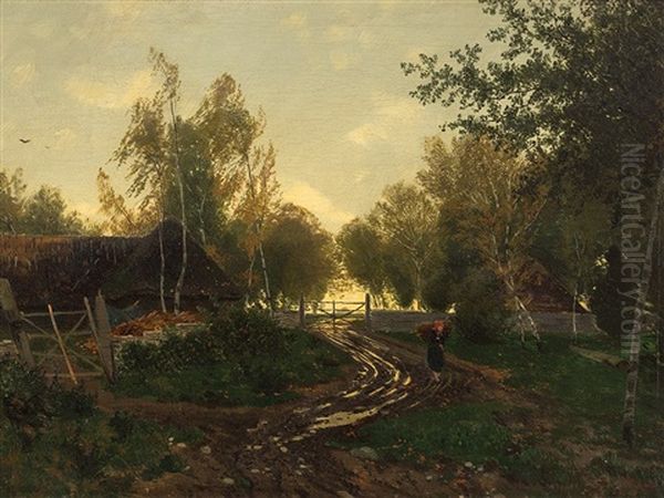 Farmstead With Woman Oil Painting by Ferdinand Theodor Hoppe