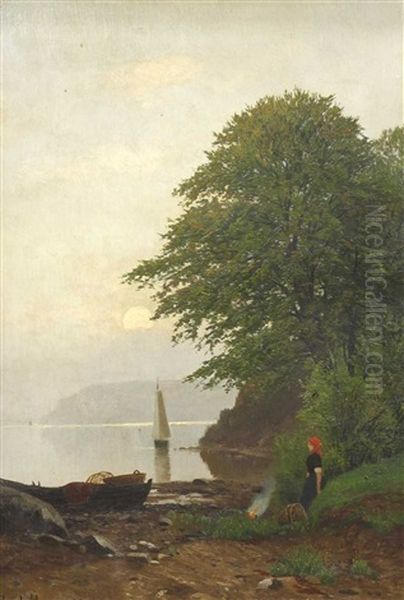 Fischerin Am Ufer Mit Reuse Und Lagerfeuer Oil Painting by Ferdinand Theodor Hoppe