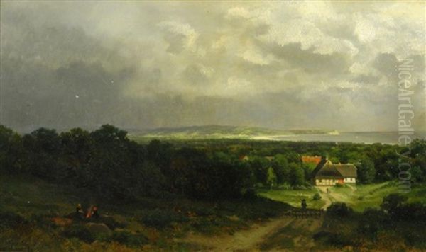 Hollandische Kustenlandschaft Mit Gehoften Bei Aufziehendem Regen. Vorn Auf Einem Feldweg Ein Schafer Bei Seiner Herde Oil Painting by Ferdinand Theodor Hoppe