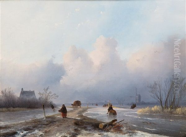 A Winter Landscape With Skaters On Ice And A Koek-en-zopie In The Distance Oil Painting by Johannes Franciscus Hoppenbrouwers