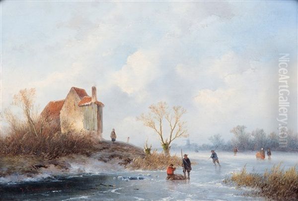 A Winter Landscape With Figures On A Frozen River Oil Painting by Johannes Franciscus Hoppenbrouwers