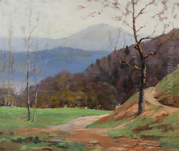 Landscape With Blue Ridge Mountains In Background Oil Painting by John Stewart Barney